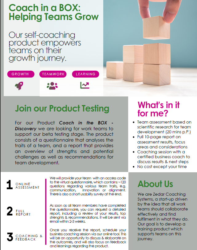 picture showing the one pager from Zedar Coaching systems to find Testers for Coach in a Box Discovery