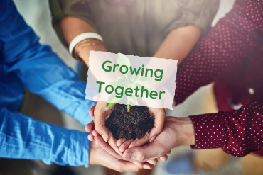 People holding a little plant which starts to grow in their hand together. Saying Growing Together